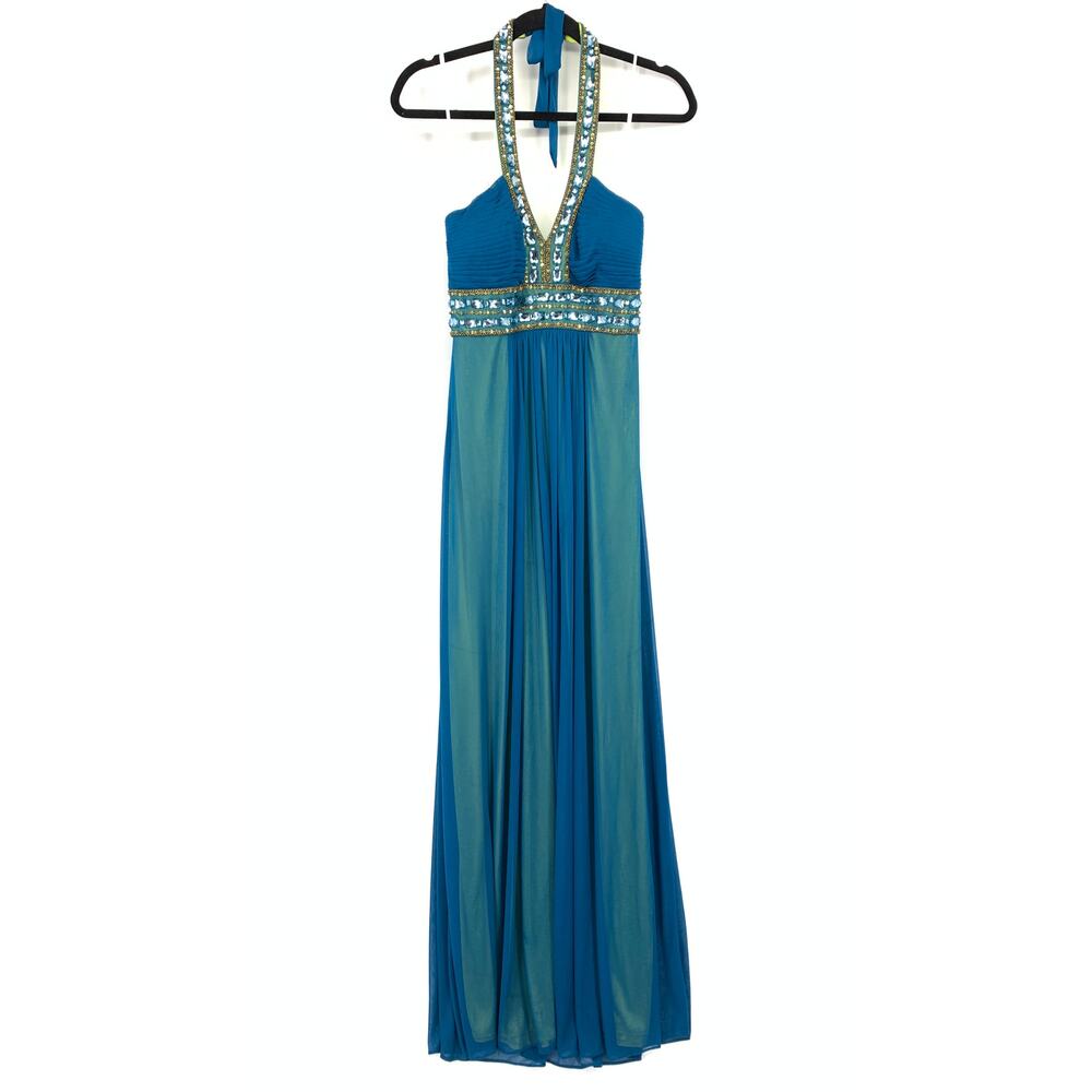 Xscape BY Joanna Chen Maxi Dress Womens Size 6 Haleter Beaded Neckline Blue